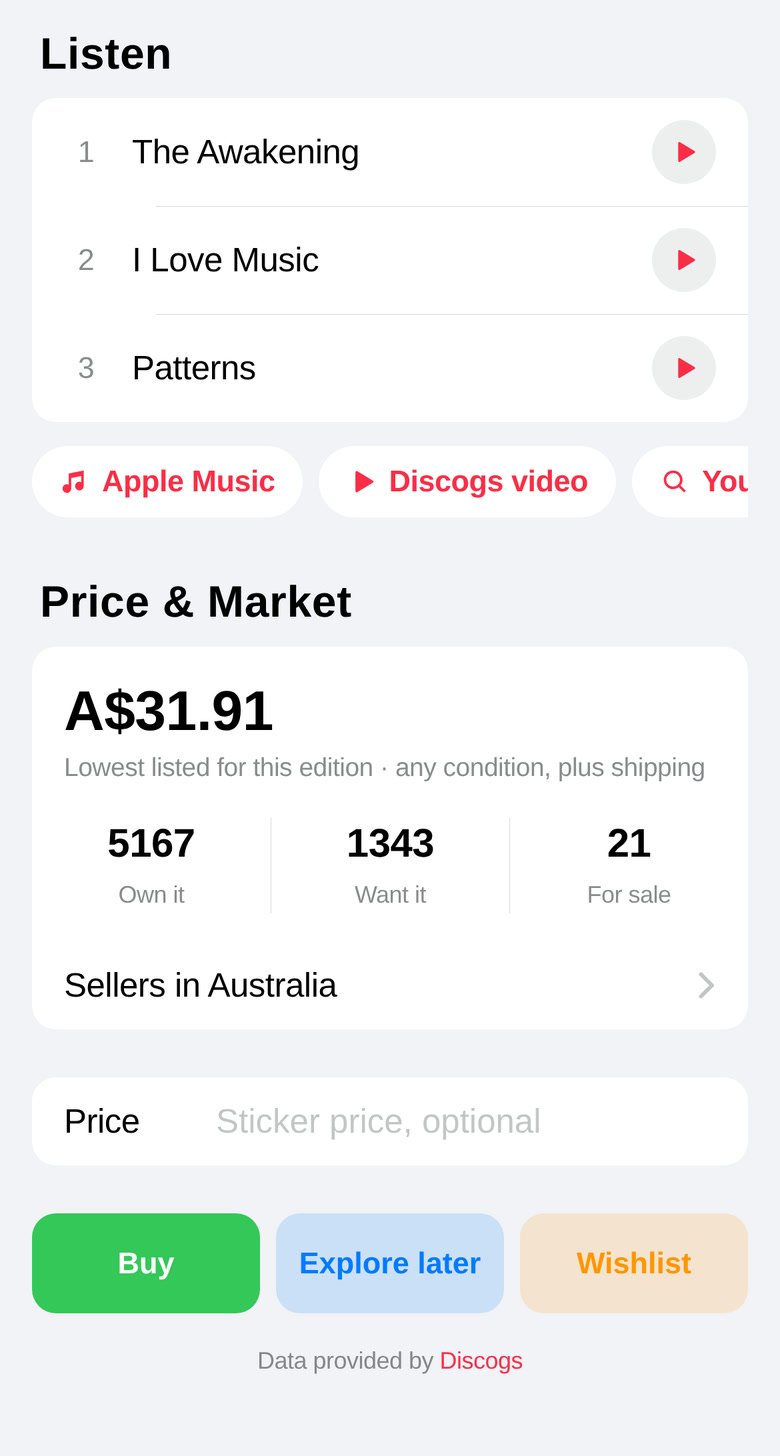The lower half of a record card: closest matches marked On your shelf, preview tracks, and Price and Market with lowest listing, owners and sellers, then Buy, Explore later and Wishlist buttons.