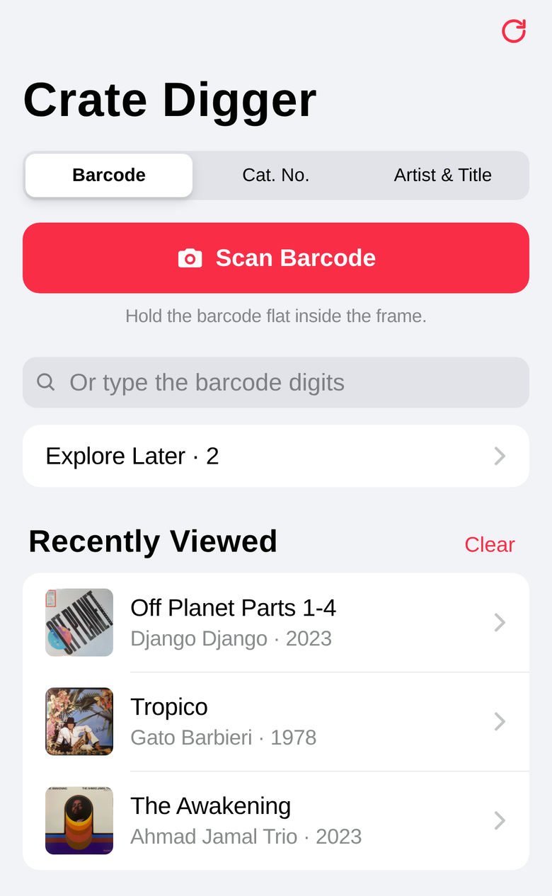 Crate Digger's home screen on a phone: Scan Barcode button, catalogue-number and artist search tabs, and a Recently Viewed list of records.
